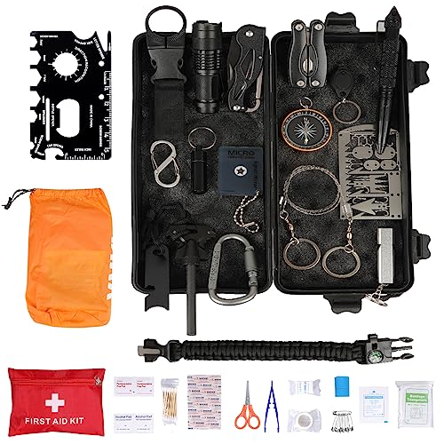 Survival Kit 33 in 1, Außen Survival Notfall Ausrüstung Erste Hilfe Set mit Kompass Taschenlampe Bushcraft Camping Wandern Zubehör Geburtstag Vatertag Weihnachten Geschenke für Männer ihn (33 in 1)