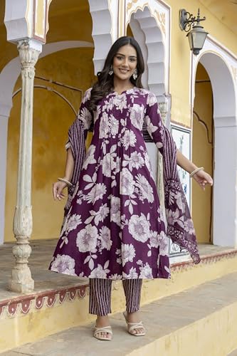 Image of NIVANA Floral Printed Kurta with Pant & Stripe Printed Dupatta | 3 /4 Sleeves | Round Notch Neck Button Detail