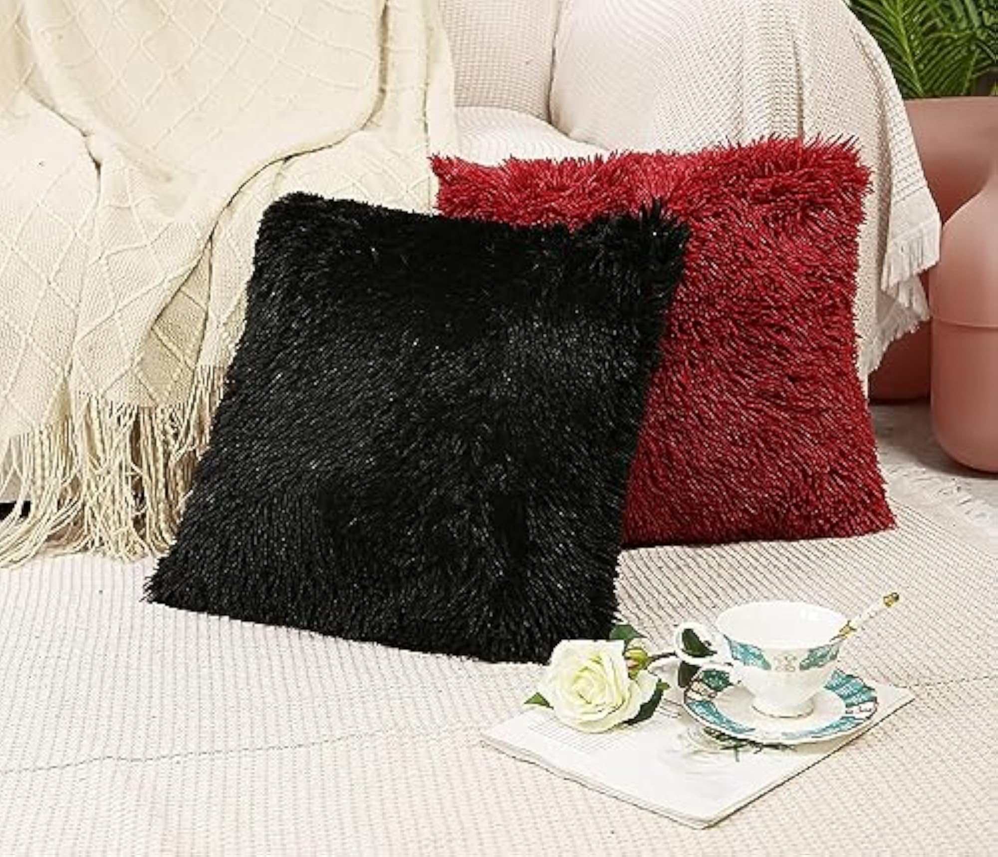 Pack of 4 Hot Pink & Black Furry Cushion Covers