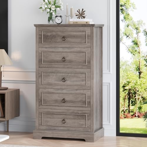 Amazon.com: HOSTACK 5 Drawer Tall Dresser, Modern Farmhouse Chest of Drawers, Wood Dressers ...