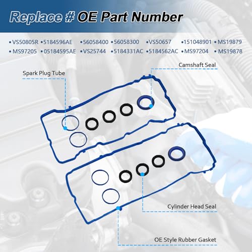 Image of VS50805R Valve Cover Gasket Set for Dodge Charger Challenger 3.6L 2011-2020 Chrysler 200 300, Durango Grand Caravan Journey Jeep Cherokee, Wrangler, Ram 1500 5184596AE