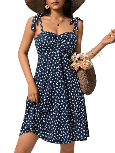 Image of OURIN Women's Spring Sweetheart Neckline Tie Strap Summer Sundresses Sleeveless Mini Dress with Pockets