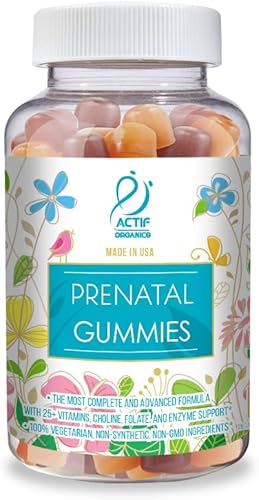 Actif Gomitas prenatales con más de 25 vitaminas orgánicas y mezcla de hierbas orgánicas, sin OMG, 100% vegetarianas, 90 unidades, fabricadas en