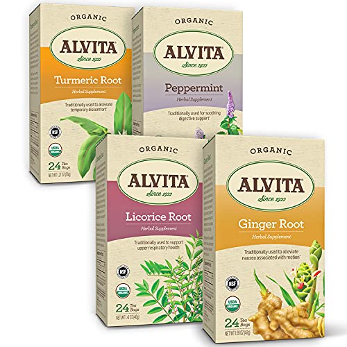 Alvita Organic Herbal Tea Immunity Variety Pack â€“ Turmeric, Peppermint, Ginger Root, Licorice Root â€“ Made with Organic Roots & Leaves, 96 Tea Bags