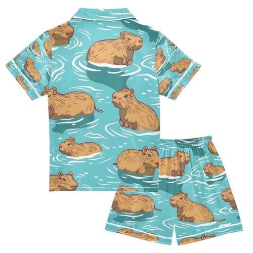 senya Capybaras in The Water Satin Summer Pajama Sets Silk Short Sleeve Button Down Sleepwear2