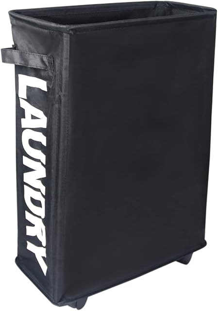 Easy Funny Slim Rolling laundry basket On Wheels Waterproof Foldable Corner Storage Bins Flexible Collapsible Laundry Bag Laundry Sorter 39x18.5x58cm (Black)