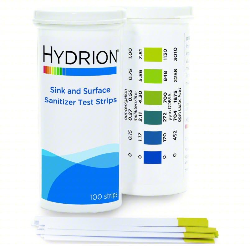 HYDRION Sink and Surface Sanitizer Test Strips - 0 to 7.87 mL - ppm DDBSA & ppm - Lactic Acid Single Vial - 100 Strips (1)
