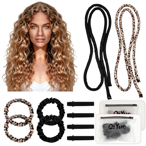 2 Pezzi Heatless Hair Curler Satin Hair Curler Fascia Bigodino Adatti per l'uso Durante il Sonno Adatti per Capelli Lunghi e Corti (Nera + Caffè Stampa Leopardata)