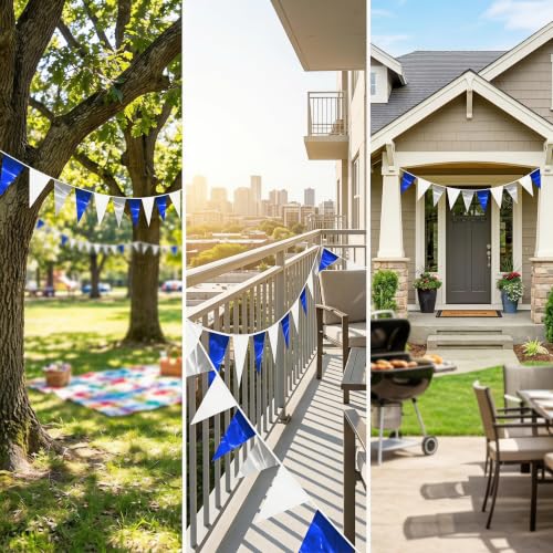Image of 32.8FT Navy Blue White Silver Glitter Triangle Pennant Banner Flag Metallic Bunting Outdoor Garland for Christmas Graduation Wedding Bridal Shower Nautical Ahoy Achor Theme Party Decorations Decor