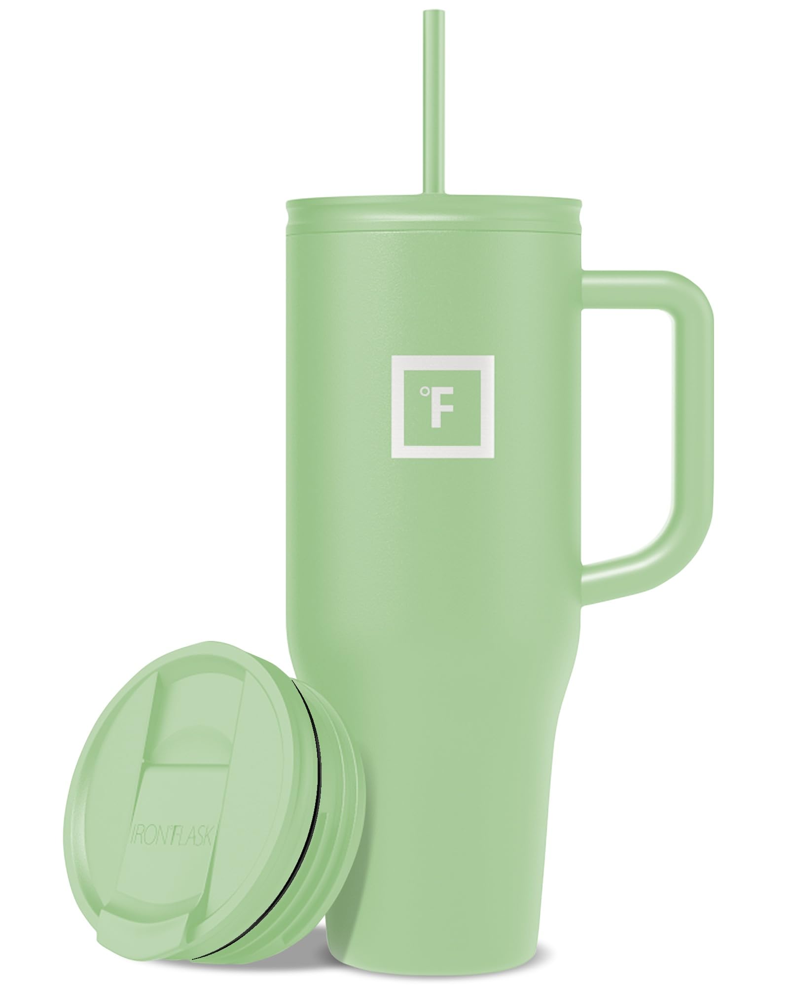IRON °FLASK Co-Pilot Insulated Mug w/Straw & Flip Cap Lids - Cup Holder Bottle for Hot, Cold Drink - Leak-Proof - Water, Coffee Portable Travel Mug - Apple Green, 40 Oz