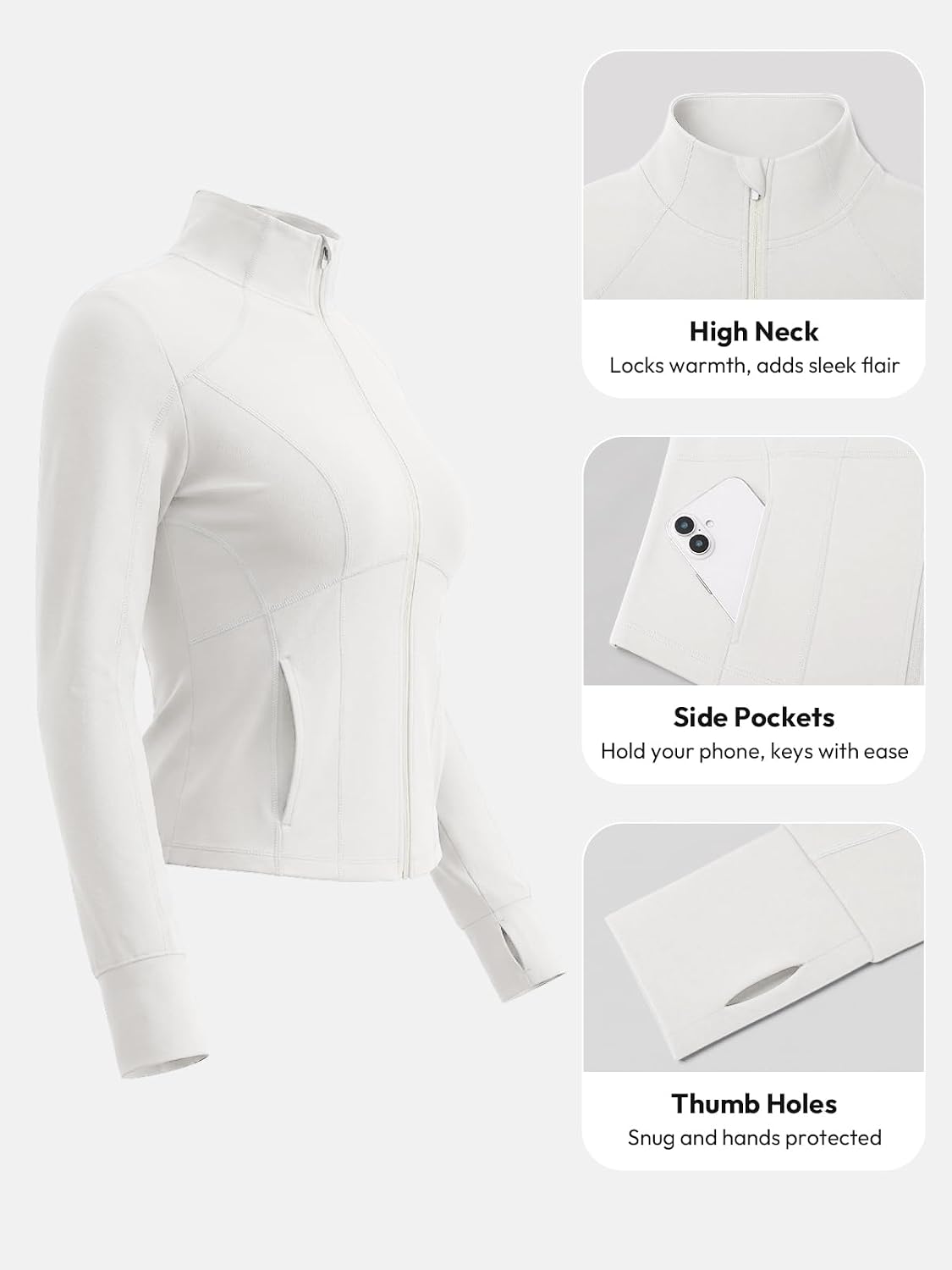Aoysky Womens Cropped Workout Jackets UPF 50+ Full Zip Up Slim Fit Lightweight Athletic Tops with Thumb Holes Pockets