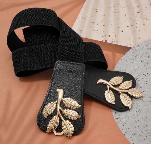 Gold Leaf Belt - Women's Skinny Elastic Waistband with Double Knot Buckle - Stretch Belt for Jeans4