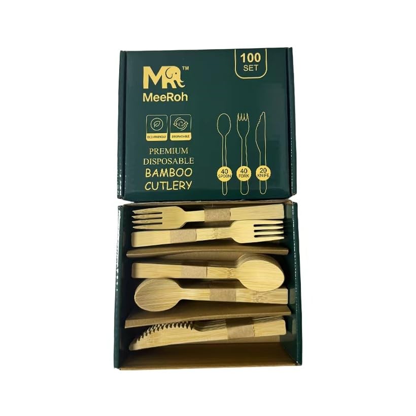 MeeRoh Eco-Friendly Bamboo Disposable Cutlery Set (100 Pieces)