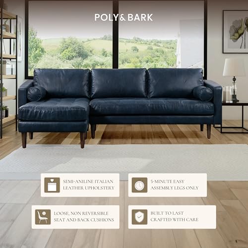Image of Poly & BARK Napa 104.5 inch Left-Facing Sectional Sofa - Midnight Blue Full-Grain Pure-Aniline Italian Leather, Feather-Down Cushions, Kiln-Dried Solid Wood Frame, Walnut Legs