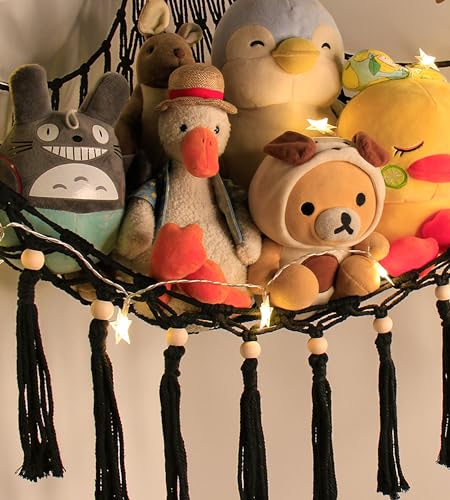 Stuffed Animal Hammock Corner Storage - Toy Hammock Net Organizer with LED Light - Tedddy Hammocks Plushie Net Holder - Black Wall Decor for Boy Living Room Bedroom