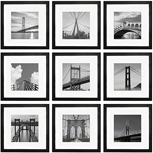 Annecy 12x12 Picture Frames Black 9 Pack, Solid Wood Square Frame Display 8x8 with Mat and 12x12 Without Mat, Gallery Wall Frame Set of 9 for Poster Prints and Art Works