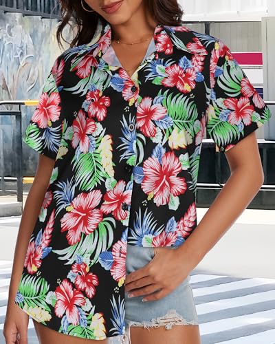 Image of Women Hawaiian Shirt Button Down Summer Tops Beach Short Sleeve Blouse