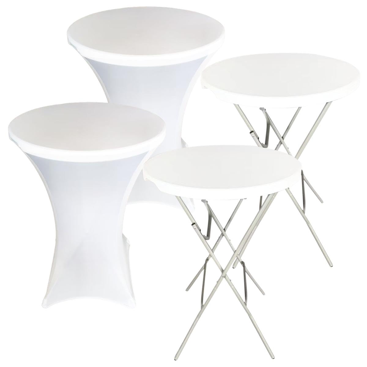 Tables Debout Lot de 2 avec Housses Blanches Ø80x110 cm - Tables de Fête Pliantes avec Plateau HDPE Résistant à l'eau et Cadre en Acier - Idéal pour Fêtes, Mariages & Evénements