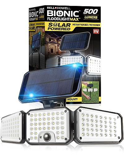 Bell+Howell Bionic Flood Light AS SEEN ON TV, 500 Lumen Deluxe Version Bionic Floodlight, LED Solar Flood Lights Outdoor Motion Sensor Waterproof Solar Security Lights with 360° 3 Panel Design