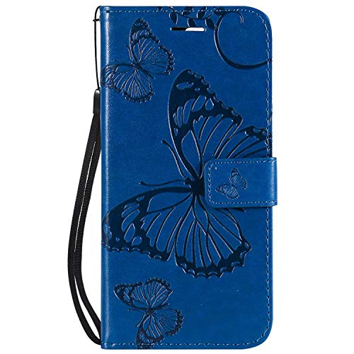 DENDICO Cover per Huawei Y6 2018, Pelle Portafoglio Custodia per Huawei Y6 2018 Custodia a Libro con Funzione di appoggio e Porta Carte di Credito, Modello di Farfalla - Blu