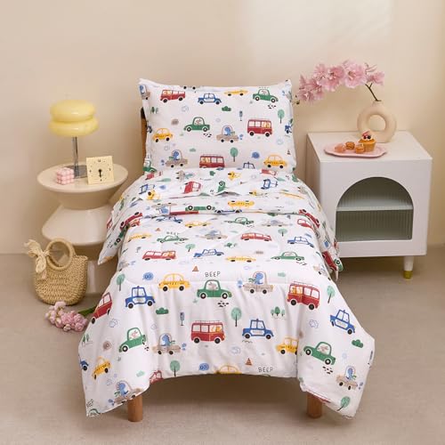 Image of Caressma White Cars 4 Pieces Toddler Bedding Set Bed-in-a-Bag Comforter