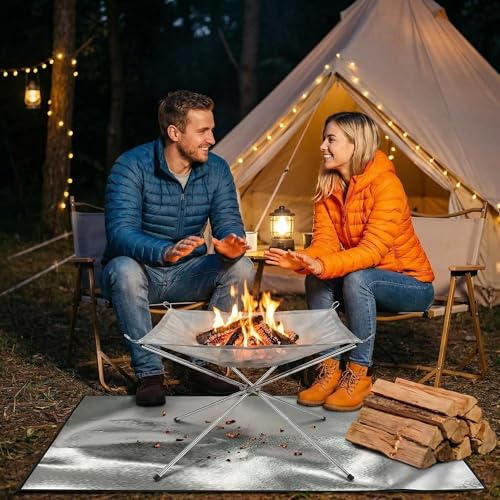 Tragbare Feuerstelle für Außen,56CM Feuerschale Edelstahlgeflecht Feuerstelle Grill mit Feuer Pit Mat und Carry Bag,Fire Pit Outdoor Edelstahl Feuerstelle fur Outdoor,Garten, Camping, Patio, BBQ
