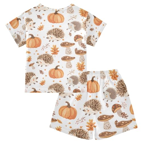ALAZA Hedgehog Pumpkin Mushroom Maple Leaf Pajamas Set Short Sleeve Cotton Sleepwear Summer Pjs 2 Piece 5-14Y2