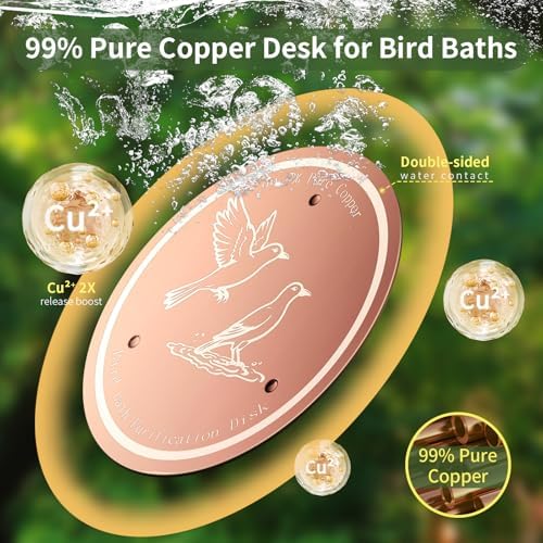 Bird Bath Copper Disk, 99.99% Pure Copper Bird Bath Cleaner, Triple-Point Support, All-Season Water Cleaber for Outdoor Bird Baths & Bowls (2 Pcs) - 5
