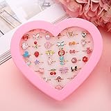 Fineder 36pcs Little Girl Adjustable Rings in Box, Children Kids Jewelry Rings Set with Heart Shape Display Case, Girl Pretend Play and Dress up Rings, Christmas gift for Kids …