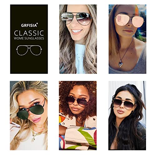 Grfisia Women Oversized Aviator Sunglasses Men Metal Frame Vintage Double Bridge Sun Glasses Uv Lens Protection (Black Frame-Gray Lens*Gold Frame-Pink Mirror) #TOP3
