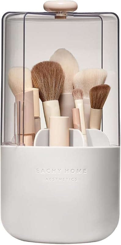 Makeup Brush Holder with Lid, 360° Rotating Vanity Organizer for Brushes, Dustproof Cosmetic Display Case, 7 Compartments, Waterproof Plastic (White)