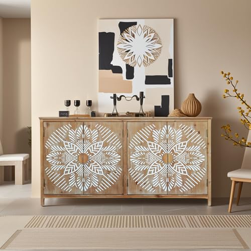 Image of DAPHOHAVEN Carved Wood Sideboard Cabinet - Entry Way Accent Cabinet with Doors, Side Buffet & Storage for Living Room