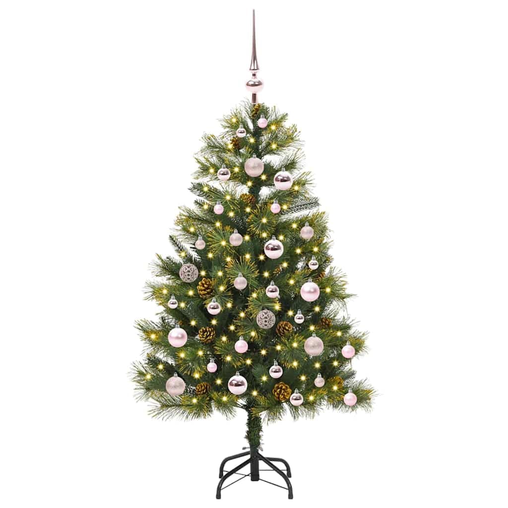 Árbol de Navidad artificial plegable verde de 120 cm, PVC y metal, con piñas de abeto, cadena de luces LED, diseño delgado, para interior y exterior, fácil montaje