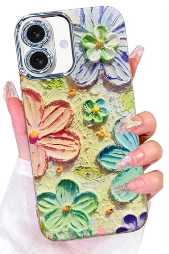 Image of Elzzi Compatible with iPhone 17 Case Oil Painting Flower Colorful with Lens Prtotection Shockproof PC+TPU Glossy Back Cover for Girls Women, Pink
