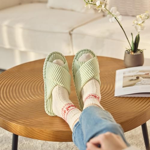 Image of GOEWY Slippers for Women Memory Foam House Bedroom Corduroy Crossbands Open Toe Slides Sandals Shoes Comfy Trendy Gift for womens Anti-Skid sole