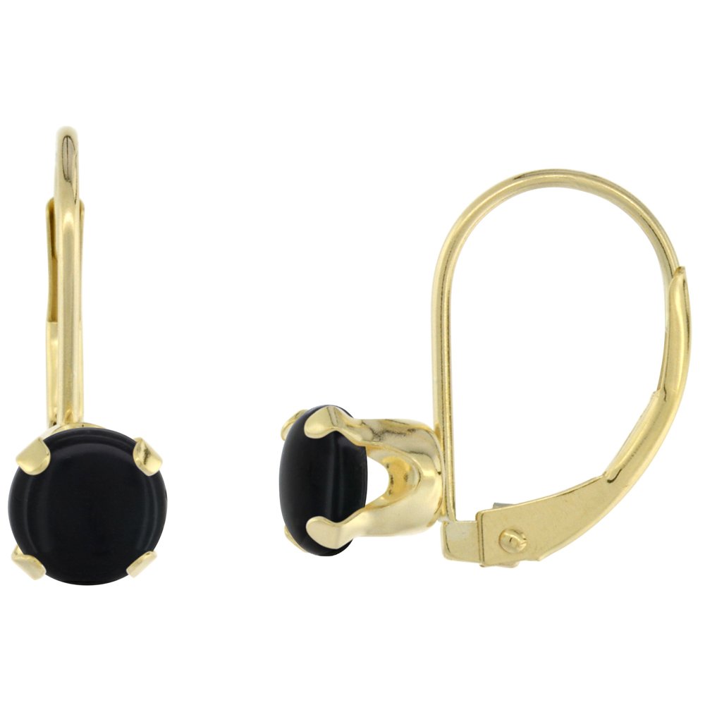 10k White/Yellow Gold Natural Black Onyx Leverback Earrings 6mm Round 1.5 ct, 9/16 inch