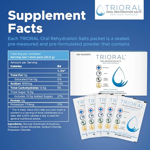 TRIORAL Hydration Electrolytes Powder (100 Packets) Oral Rehydration Salts. Rapid Rehydration Solution,Essential Hydrating Formula, Supports Dehydration from Workouts, Sports and a Travel Must-Have.
