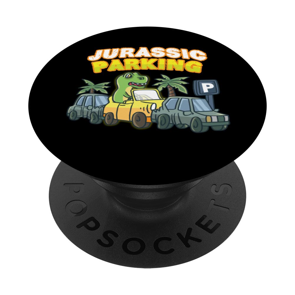 Jurassic Parking Lot T-Rex Dinosaur Kids Geek Driving Car PopSockets Swappable PopGrip, Black