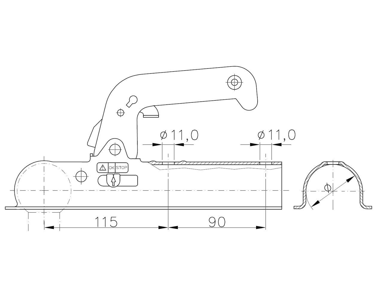 UNITRAILER WINTERHOFF attelage a Boule WW8-B 800 kg, Timon Tubulaire 60 mm, entraxe 90 mm, Trou 11 mm, Tete d attelage pour remorque, Montage sur Timon, Piece de Rechange Acier galvanise