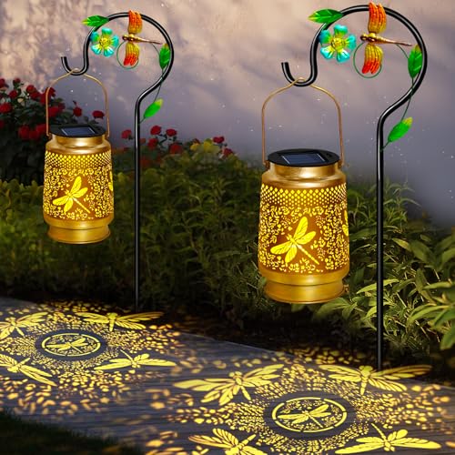 Paquete de 2 faroles solares de libélula para exteriores, impermeables, regalos de cumpleaños para mujeres, mamá, abuela, luces solares colgantes, decoración de jardín LED decorativa de metal para