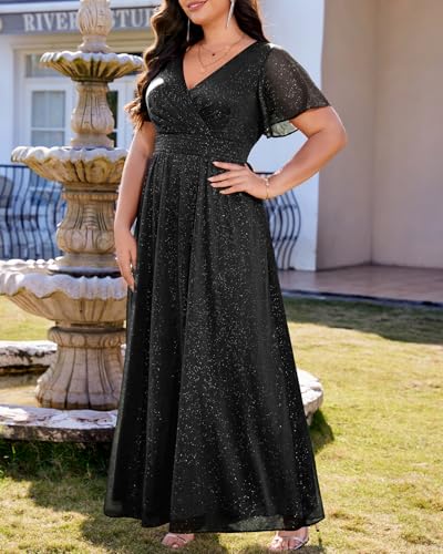 Image of Talisea Plus Size Formal Dresses - V Neck Flutter Sleeve Glitter Prom Evening Gowns Wedding Guest Chiffon Long Maxi Dress