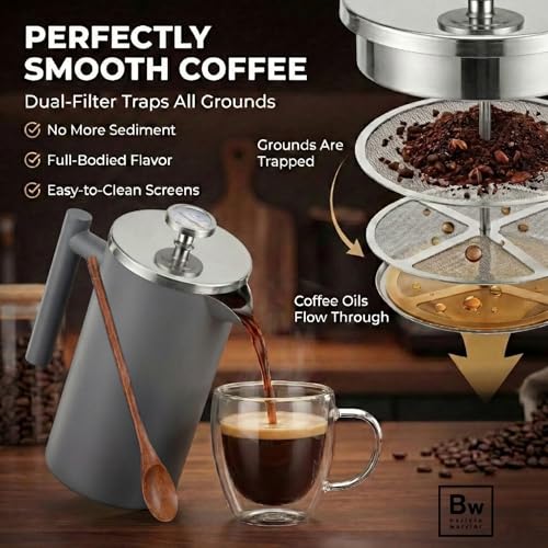 Image of Barista Warrior French Press Coffee Maker - Double-Wall Stainless Steel Insulated French Press with Built-In Thermometer, Dual Filters Coffee Maker with Wooden Spoon - Grey