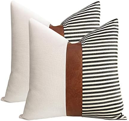cygnus Set of 2 Farmhouse Decor Stripe Patchwork Linen Throw Pillow Covers,Modern Tan Faux Leather Accent Pillow Covers 18x18 inch,Black