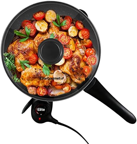 Elite Gourmet EG6207 Scratch Resistant 10.5-inch (2Qt) Fry Pan, Easy-Pour Spout Dishwasher Safe, Non-stick Electric Skillet with Glass Vented Lid, Adjustable Temperature, Black
