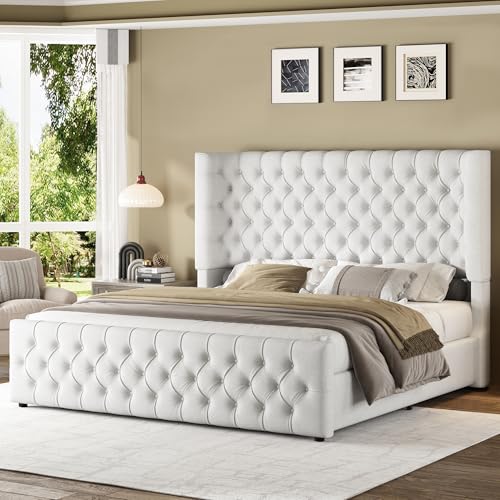 Jocisland King Size Upholstered Bed Frame with 6.3-Inch Curved Wingback Headboard Tufted Footboard Wood Slats No Box Spring Needed White Linen