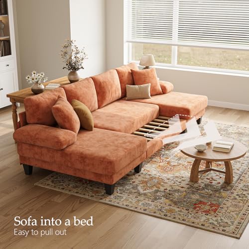 Image of Txtin's Sleeper Sofa with Pull Out Couch Bed | 112 Inch Couches for Living Room | U-Shaped Convertible Sofa Bed | Chenille Orange