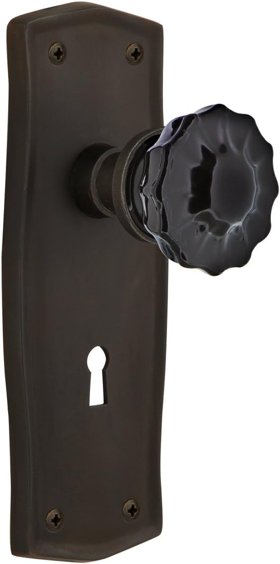 Nostalgic Warehouse 726871 Prairie Plate Crystal Black Glass Door Knob in Timeless Bronze, Passage 2.75 with Keyhole