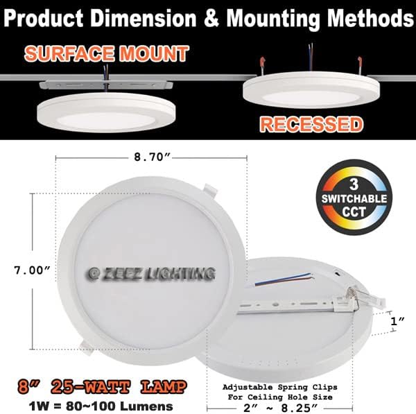 ZEEZ Lighting - 8-Inch 25W Selectable 3CCT LED Panel Down Light Bulb Compact Lamp Fixture - Surface Mount/Recessed - 10 Packs