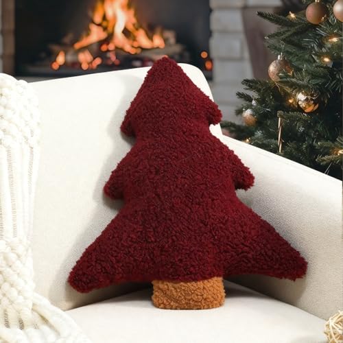 Miaikoe Christmas Pillows, Decorative Christmas Tree Cushion Stuffed Tree Shaped Plush Pillow for Holiday Party Sofa Living Room Decoration (39.3 x 37 cm, Red)