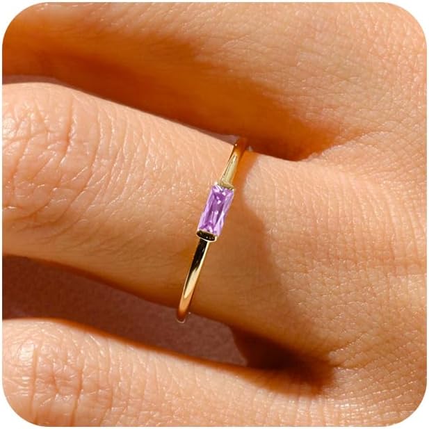 RLMOONGold Birthstone Rings for Women Non Tarnish Gold Stackable Ring Dainty 14K Gold Plated Baguette CZ Emerald Green Gemstone Ring Personalized Jewelry Gift for Birthday Size 4-10
